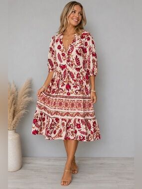 Fig + Flower Women’s Medium Boho Floral Midi Dress Puff Sleeve Tiered Hem
